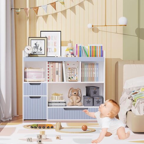 Lkeiyay Kids Bookshelf,Toy Storage Organizer,Nursery Bookshelf,Multifunctional Storage Chest for Playroom,with Hidden Wheels and 4 Storage Cubbies,Blue in Saudi Arabia