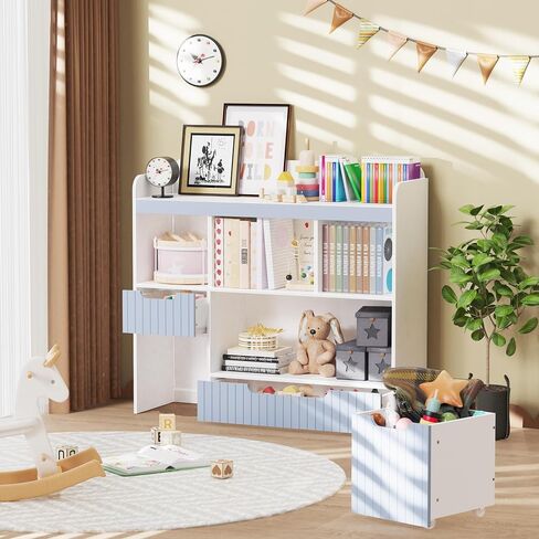 Lkeiyay Kids Bookshelf,Toy Storage Organizer,Nursery Bookshelf,Multifunctional Storage Chest for Playroom,with Hidden Wheels and 4 Storage Cubbies,Blue in Saudi Arabia