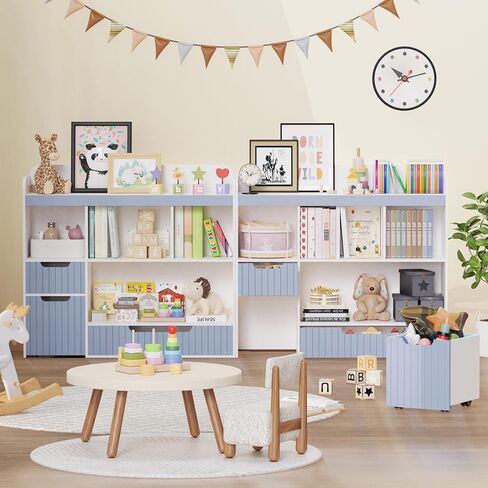Lkeiyay Kids Bookshelf,Toy Storage Organizer,Nursery Bookshelf,Multifunctional Storage Chest for Playroom,with Hidden Wheels and 4 Storage Cubbies,Blue in Saudi Arabia