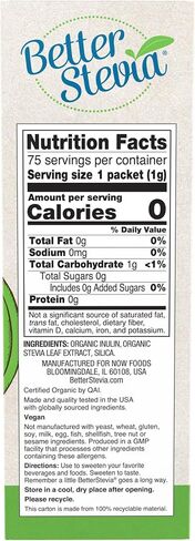 Now Better Stevia Organic Sweetener, 75 Count in Saudi Arabia