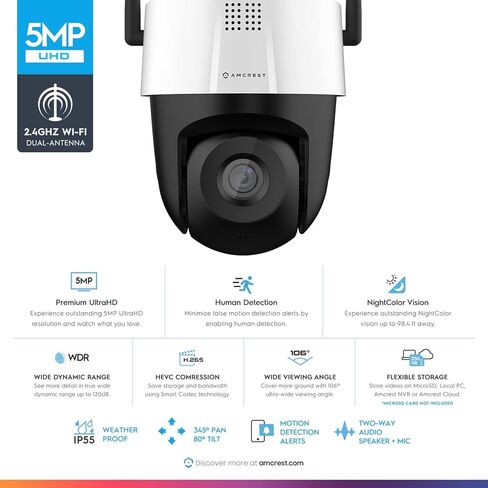 كاميرا Amcrest 5MP UltraHD Mini AI خارجية واي فاي، كاميرا IP للأمان مع صوت ثنائي الاتجاه، رؤية ليلية بالألوان الكاملة 98 قدمًا، عرض عن بعد، 5 ميجابيكسل، واسعة 106 درجة FOV، IP5M-1190W-V2 (أبيض) in Kuwait