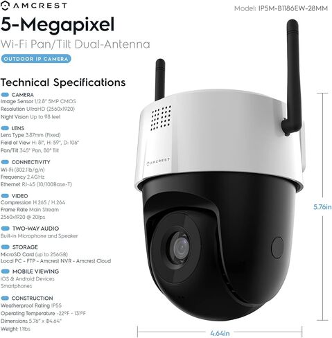 كاميرا Amcrest 5MP UltraHD Mini AI خارجية واي فاي، كاميرا IP للأمان مع صوت ثنائي الاتجاه، رؤية ليلية بالألوان الكاملة 98 قدمًا، عرض عن بعد، 5 ميجابيكسل، واسعة 106 درجة FOV، IP5M-1190W-V2 (أبيض) in Kuwait