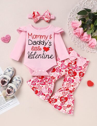 بدلة عيد الحب الأولى لحديثي الولادة + سروال مكشكش من الأسفل + عصابة رأس مجموعة ملابس عيد الحب in Kuwait