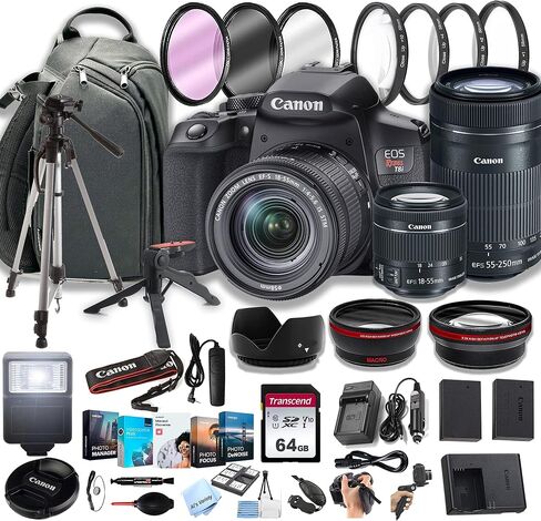 كاميرا Canon EOS Rebel T8i DSLR مع عدسة تكبير STM مقاس 18-55 مم F/4-5.6 STM + عدسة STM مقاس 55-250 مم f/4-5.6 + بطاقات ذاكرة سعة 64 جيجابايت، وحزمة صور احترافية (42 قطعة) in Saudi Arabia