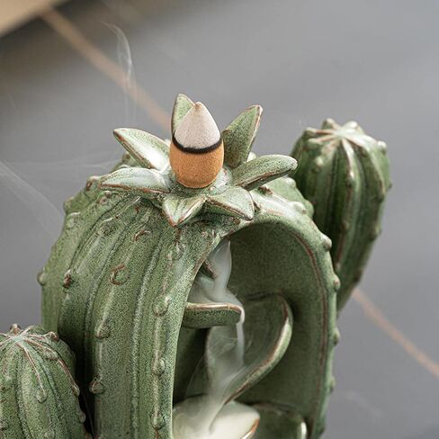 YYW Cactus Backflow Incense Burner Cute Ceramic Waterfall Incense Holders Cone Stick Holder with 20 Incense Cones + 30 Incense Sticks + 1 Mat + 1 Tweezers for Home Office Decor Gift (Style B) in Saudi Arabia
