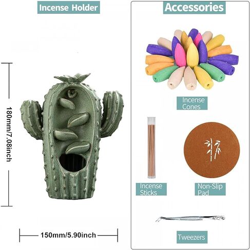 YYW Cactus Backflow Incense Burner Cute Ceramic Waterfall Incense Holders Cone Stick Holder with 20 Incense Cones + 30 Incense Sticks + 1 Mat + 1 Tweezers for Home Office Decor Gift (Style B) in Saudi Arabia