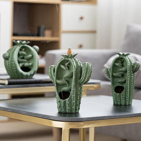 YYW Cactus Backflow Incense Burner Cute Ceramic Waterfall Incense Holders Cone Stick Holder with 20 Incense Cones + 30 Incense Sticks + 1 Mat + 1 Tweezers for Home Office Decor Gift (Style B) in Saudi Arabia