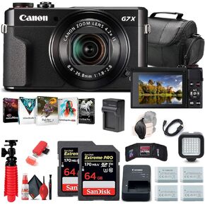 كاميرا Canon PowerShot G7 X Mark II الرقمية (1066C001) + 2 بطاقة ذاكرة سعة 64 جيجابايت + 3 بطاريات NB13L + برنامج Corel للصور + شاحن + قارئ بطاقات + ضوء LED + حقيبة ناعمة + المزيد (متجددة) in Kuwait