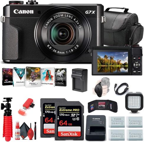 كاميرا Canon PowerShot G7 X Mark II الرقمية (1066C001) + 2 بطاقة ذاكرة سعة 64 جيجابايت + 3 بطاريات NB13L + برنامج Corel للصور + شاحن + قارئ بطاقات + ضوء LED + حقيبة ناعمة + المزيد (متجددة) in Kuwait