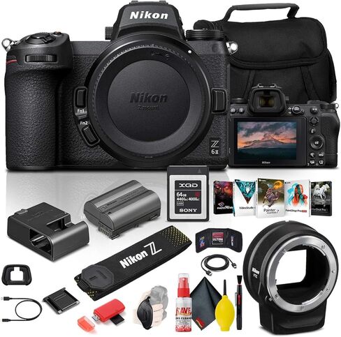 كاميرا Nikon Z 6II الرقمية بدون مرآة بدقة 24.5 ميجابكسل (الهيكل فقط) (1659) + حامل FTZ + بطاقة XQD سعة 64 جيجابايت + برنامج Corel للصور + حقيبة + كابل HDMI + مجموعة تنظيف + المزيد - الطراز العالمي (متجدد) in Kuwait