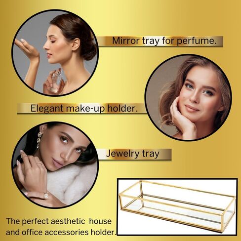 (صينية مرآة ذهبية صغيرة) - صينية زجاجية مزخرفة من الكروم النحاسي العتيق موزد لايف (صينية مرآة ذهبية مقاس S) in Kuwait