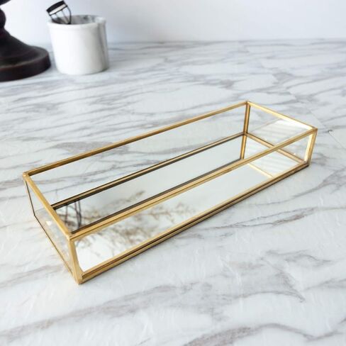 (صينية مرآة ذهبية صغيرة) - صينية زجاجية مزخرفة من الكروم النحاسي العتيق موزد لايف (صينية مرآة ذهبية مقاس S) in Kuwait