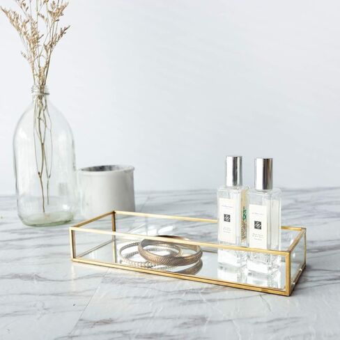 (صينية مرآة ذهبية صغيرة) - صينية زجاجية مزخرفة من الكروم النحاسي العتيق موزد لايف (صينية مرآة ذهبية مقاس S) in Kuwait