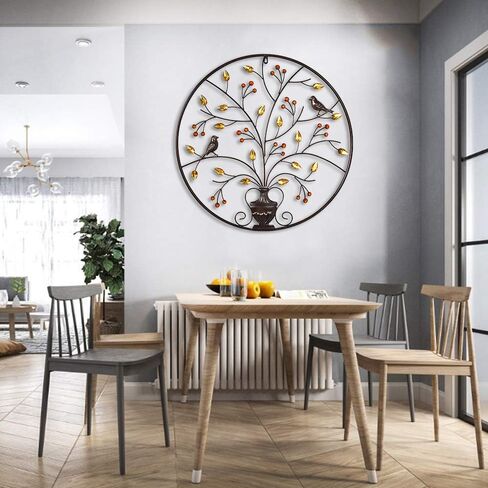 منحوتات جدارية حديدية من MKUN - ديكور حائط معدني مستدير مع فن شجرة وطيور رائع لتزيين المنزل والفندق (بني) in Kuwait