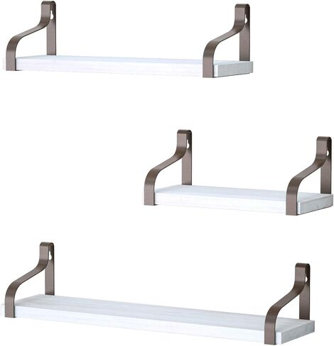 Love-KANKEI Floating Shelves Wall Mounted Set of 3, Rustic Wood Wall Storage Shelves for Bedroom, Living Room, Bathroom, Kitchen, Office and More White/Brown Bracket in Kuwait