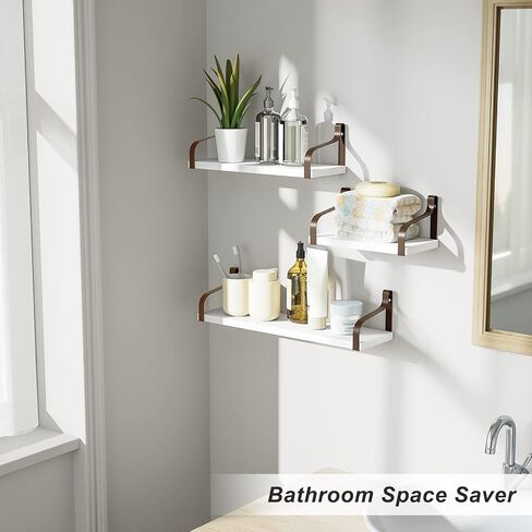 Love-KANKEI Floating Shelves Wall Mounted Set of 3, Rustic Wood Wall Storage Shelves for Bedroom, Living Room, Bathroom, Kitchen, Office and More White/Brown Bracket in Kuwait