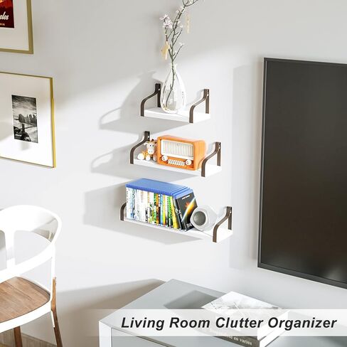 Love-KANKEI Floating Shelves Wall Mounted Set of 3, Rustic Wood Wall Storage Shelves for Bedroom, Living Room, Bathroom, Kitchen, Office and More White/Brown Bracket in Kuwait