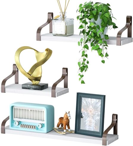 Love-KANKEI Floating Shelves Wall Mounted Set of 3, Rustic Wood Wall Storage Shelves for Bedroom, Living Room, Bathroom, Kitchen, Office and More White/Brown Bracket in Kuwait
