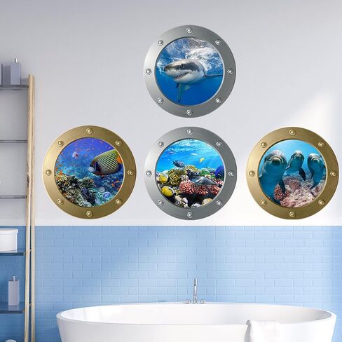 4 قطع ملصقات حائط عالم المحيط مع ملعقة بلاستيكية، FODIENS 3D Porthole School of Fish Wall Decor، قابلة للإزالة شارات فنية سيلايف للأطفال غرف نوم الأطفال غرف المعيشة الديكور in Kuwait