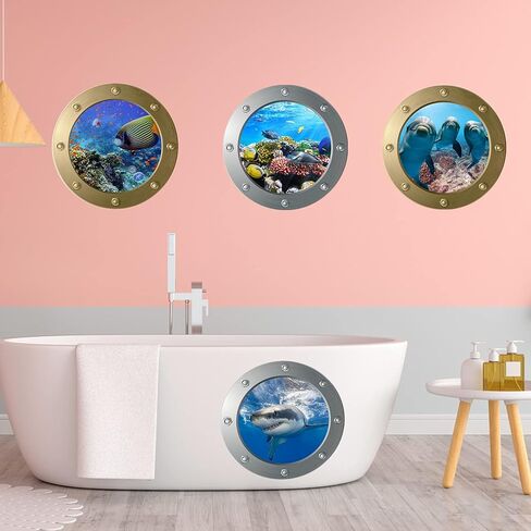 4 قطع ملصقات حائط عالم المحيط مع ملعقة بلاستيكية، FODIENS 3D Porthole School of Fish Wall Decor، قابلة للإزالة شارات فنية سيلايف للأطفال غرف نوم الأطفال غرف المعيشة الديكور in Kuwait