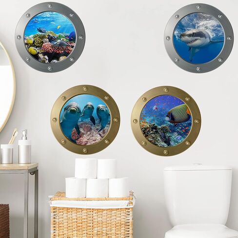 4 قطع ملصقات حائط عالم المحيط مع ملعقة بلاستيكية، FODIENS 3D Porthole School of Fish Wall Decor، قابلة للإزالة شارات فنية سيلايف للأطفال غرف نوم الأطفال غرف المعيشة الديكور in Kuwait