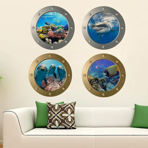 4 قطع ملصقات حائط عالم المحيط مع ملعقة بلاستيكية، FODIENS 3D Porthole School of Fish Wall Decor، قابلة للإزالة شارات فنية سيلايف للأطفال غرف نوم الأطفال غرف المعيشة الديكور in Kuwait
