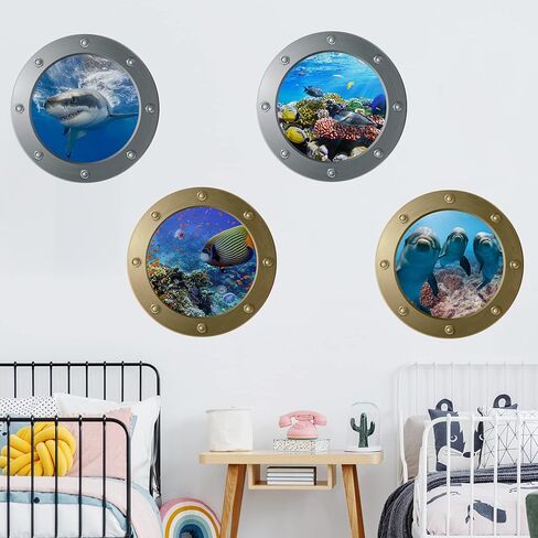 4 قطع ملصقات حائط عالم المحيط مع ملعقة بلاستيكية، FODIENS 3D Porthole School of Fish Wall Decor، قابلة للإزالة شارات فنية سيلايف للأطفال غرف نوم الأطفال غرف المعيشة الديكور in Kuwait