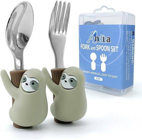 مجموعة أدوات ملعقة وشوكة للأطفال الصغار من YBW مع حقيبة، مقبض سهل الإمساك بحيوان الكسلان اللطيف، حزمة أثناء التنقل للتغذية الذاتية للأطفال الصغار للاستخدام المنزلي أثناء السفر، حيوان الكسلان in Kuwait