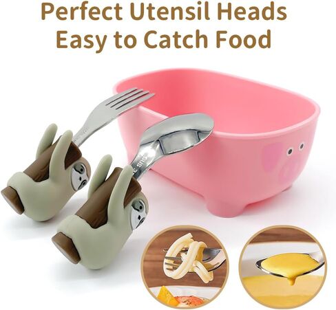 مجموعة أدوات ملعقة وشوكة للأطفال الصغار من YBW مع حقيبة، مقبض سهل الإمساك بحيوان الكسلان اللطيف، حزمة أثناء التنقل للتغذية الذاتية للأطفال الصغار للاستخدام المنزلي أثناء السفر، حيوان الكسلان in Kuwait
