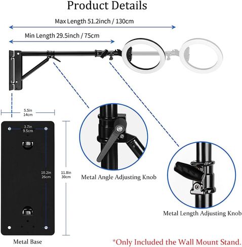 Xibeys Ring Light Wall Mount، الحد الأقصى للطول 51 بوصة / 130 سم ذراع ذراع الرافعة على الحائط مع قاعدة مثلثة للتصوير الفوتوغرافي في استوديو الفيديو فلاش ستروب، ضوء حلقة، عاكس مظلة، صندوق ناعم in Kuwait