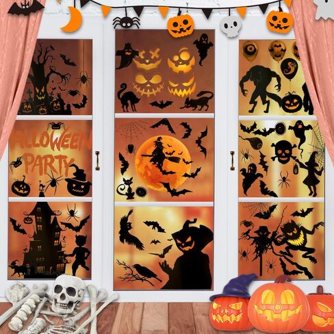 ملصقات نوافذ الهالوين، 73 قطعة من شارات نوافذ الهالوين للنوافذ الزجاجية لديكورات نوافذ الهالوين، الغربان الهيكلية والخفافيش والعناكب وملصقات نافذة القرع الشبح لمستلزمات حفلات الهالوين in Kuwait