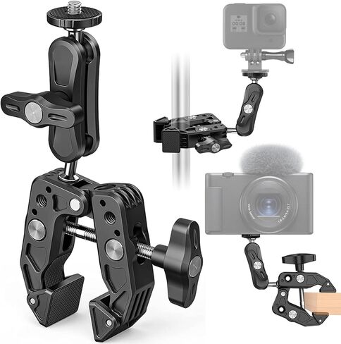 شاشة تثبيت بمشبك كاميرا سوبر مع 1/4 انش - 20 و3/8 انش - 16 سن لولبي 360 درجة برأس كروي وذراع كروي مزدوج لمعظم كاميرات دي اس ال ار/جوبرو/مصابيح LED/رونين/رونين MX/فري فلاي موفي in Kuwait