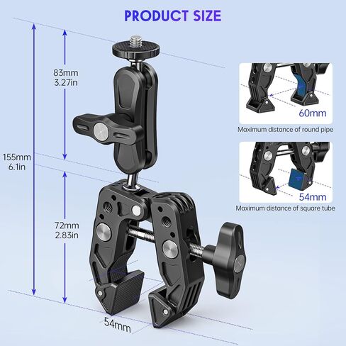 شاشة تثبيت بمشبك كاميرا سوبر مع 1/4 انش - 20 و3/8 انش - 16 سن لولبي 360 درجة برأس كروي وذراع كروي مزدوج لمعظم كاميرات دي اس ال ار/جوبرو/مصابيح LED/رونين/رونين MX/فري فلاي موفي in Kuwait