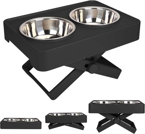 Elevated Dog Bowls, Adjustable Stable X-Design Stand Feeder Dog Bowl with 2 Stainless Steel Food & Water Bowls, Non-Slip Heights from 2.75'' to 9.8'' for Small Medium Large Dogs and Cats, Black in Kuwait