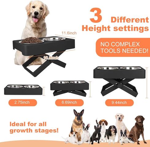 Elevated Dog Bowls, Adjustable Stable X-Design Stand Feeder Dog Bowl with 2 Stainless Steel Food & Water Bowls, Non-Slip Heights from 2.75'' to 9.8'' for Small Medium Large Dogs and Cats, Black in Kuwait