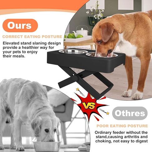 Elevated Dog Bowls, Adjustable Stable X-Design Stand Feeder Dog Bowl with 2 Stainless Steel Food & Water Bowls, Non-Slip Heights from 2.75'' to 9.8'' for Small Medium Large Dogs and Cats, Black in Kuwait