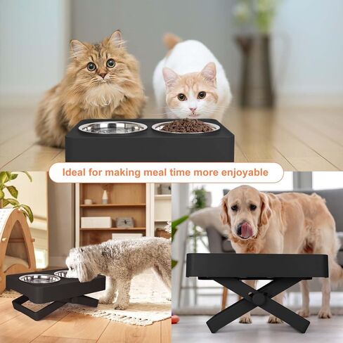 Elevated Dog Bowls, Adjustable Stable X-Design Stand Feeder Dog Bowl with 2 Stainless Steel Food & Water Bowls, Non-Slip Heights from 2.75'' to 9.8'' for Small Medium Large Dogs and Cats, Black in Kuwait