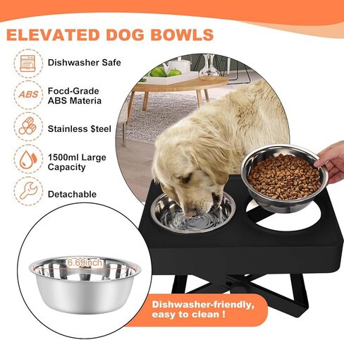 Elevated Dog Bowls, Adjustable Stable X-Design Stand Feeder Dog Bowl with 2 Stainless Steel Food & Water Bowls, Non-Slip Heights from 2.75'' to 9.8'' for Small Medium Large Dogs and Cats, Black in Kuwait