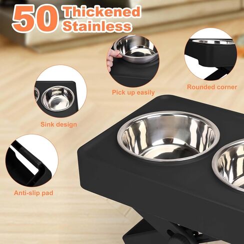 Elevated Dog Bowls, Adjustable Stable X-Design Stand Feeder Dog Bowl with 2 Stainless Steel Food & Water Bowls, Non-Slip Heights from 2.75'' to 9.8'' for Small Medium Large Dogs and Cats, Black in Kuwait