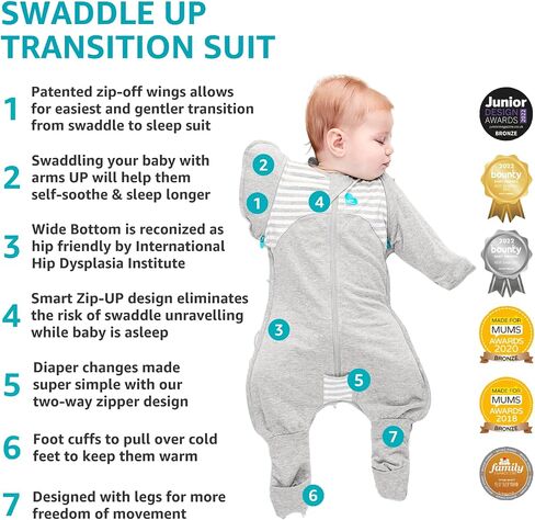 بدلة Love to Dream Swaddle UP الانتقالية، رمادية، كبيرة، 19-24 رطلاً، أجنحة بسحاب حاصلة على براءة اختراع وأكمام فريدة من نوعها مهدئة ذاتيًا، الانتقال بأمان من التقميط إلى خالية من الأسلحة قبل التدحرج in Saudi Arabia