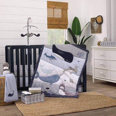 NoJo Seas The Day Blue and White Whale, Narwhal, Sea Lion, Shark 4 Piece Crib Bedding Set - Comforter, 100% Cotton Fitted Crib Sheet, Crib Skirt, and Storage in Saudi Arabia