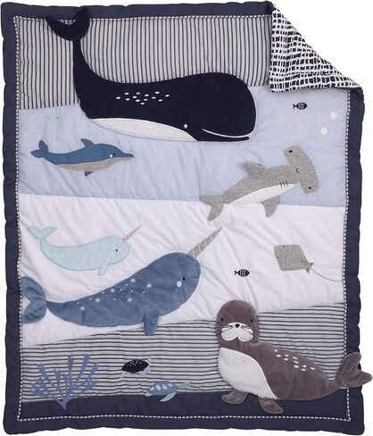 NoJo Seas The Day Blue and White Whale, Narwhal, Sea Lion, Shark 4 Piece Crib Bedding Set - Comforter, 100% Cotton Fitted Crib Sheet, Crib Skirt, and Storage in Saudi Arabia