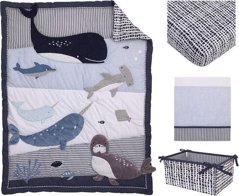 NoJo Seas The Day Blue and White Whale, Narwhal, Sea Lion, Shark 4 Piece Crib Bedding Set - Comforter, 100% Cotton Fitted Crib Sheet, Crib Skirt, and Storage in Saudi Arabia
