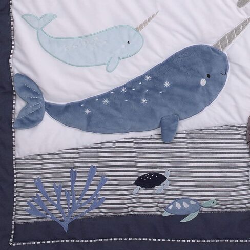 NoJo Seas The Day Blue and White Whale, Narwhal, Sea Lion, Shark 4 Piece Crib Bedding Set - Comforter, 100% Cotton Fitted Crib Sheet, Crib Skirt, and Storage in Saudi Arabia