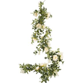 Cyblinia Eucalyptus Garland 6 FT Artificial Flower Garland Floral Vines 1 Pcs Eucalyptus Leaves Vines with Camellias Flowers for Wedding Party Decor