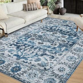 COZYLOOM Area Rug 2x3 Vintage Door Mat Medallion Accent Rug Retro Floral Printed Indoor Doormat Boho Chenille Entryway Mat Floor Cover Living Room Bedroom Non-Slip Washable Rug Blue/White in Kuwait
