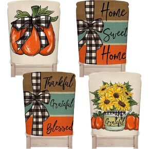 Whaline 4 Pack Fall Chair Covers Thanksgiving Dining Room Seat Covers Pumpkins Flowers Pattern Dining Chair Slipcovers Thankful Grateful Chair Back Slip Covers for Autumn Home Kitchen Farmhouse Decor in Saudi Arabia