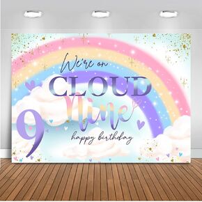 Mocsicka On Cloud 9 Birthday Backdrop On Cloud 9 Birthday Decoration for Girls Cute Rainbow Cloud 9th Girl Birthday Background Party Cake Table Decoration Banner (6x4ft)