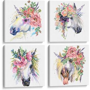 Something Unicorn - Stretched/Framed, Ready to Hang Canvas Wall Art for Girl's Bedroom. Super Cute Water Color Unicorn Prints for Teens or Girls Bedroom Decor. Set of 4. 12x12in - Floral Unicorn in Kuwait