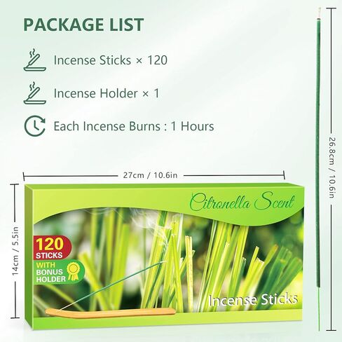 أعواد البخور عصا البخور السترونيلا أعواد عشب الليمون 120 عصا لكل صندوق للتخييم في الحديقة الخارجية بما في ذلك حامل للأم in Kuwait